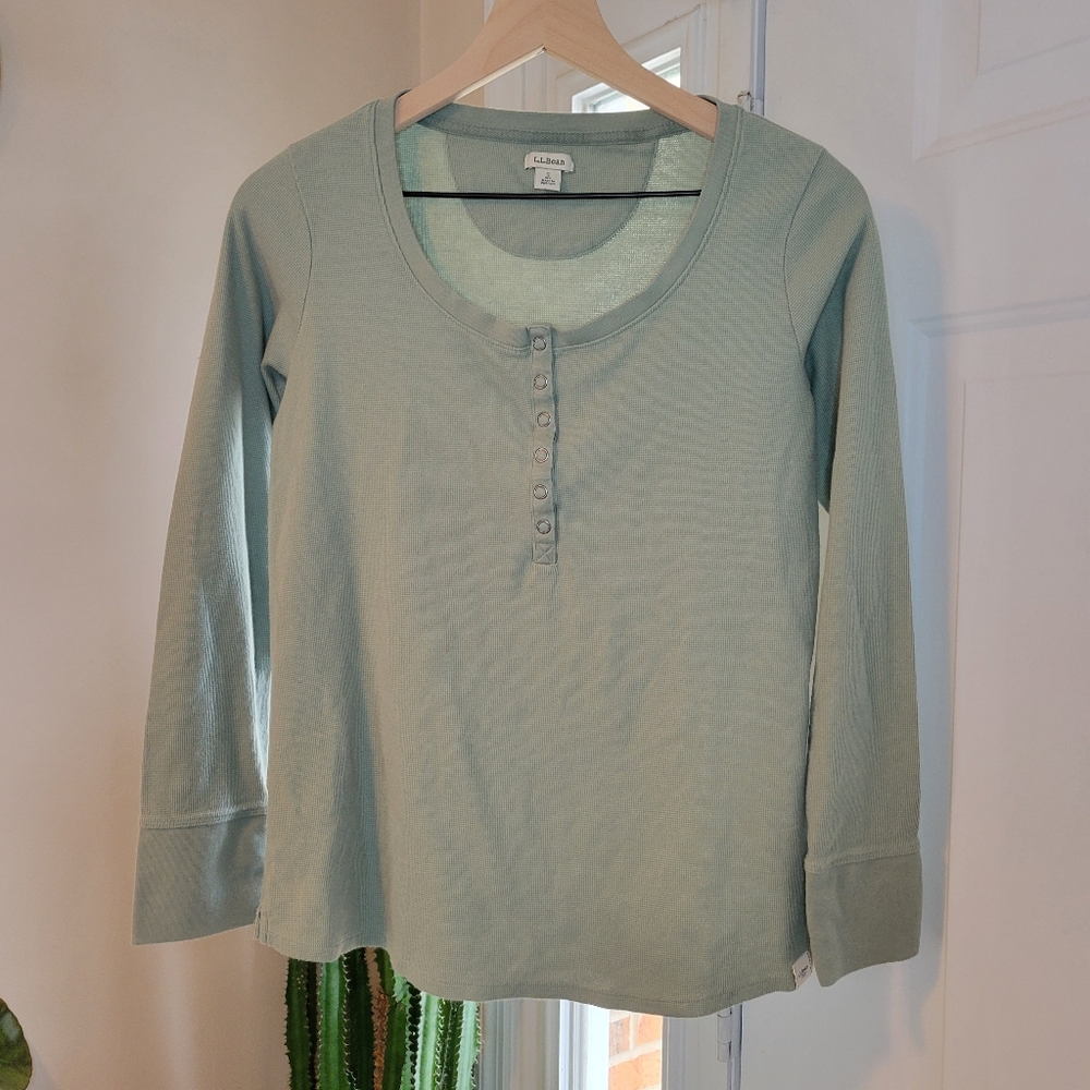 L.L.Bean Cotton Waffle Knit Button Up Mint Green Henley, Size Small Womens
